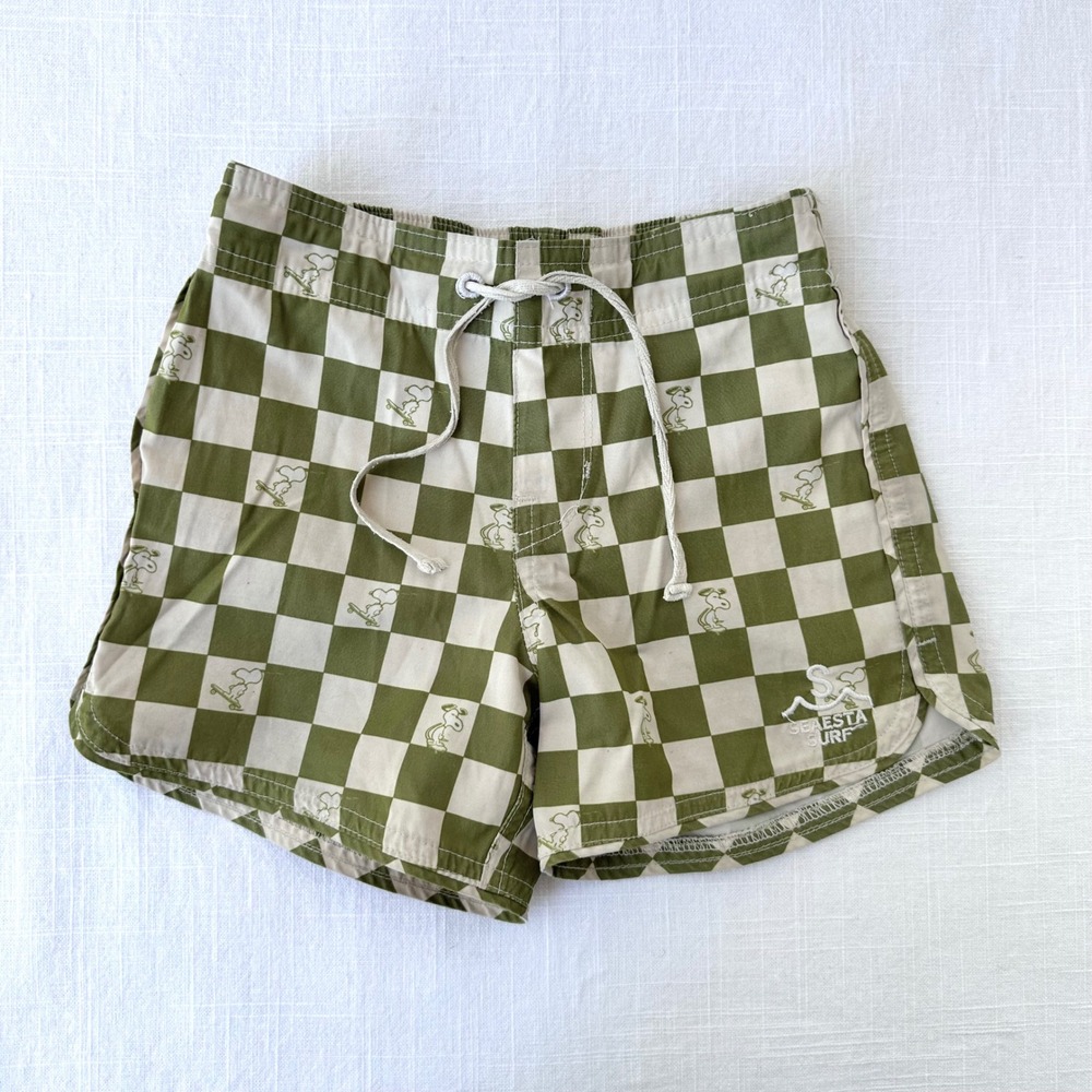 Seaesta Surf Peanuts Snoopy Board Shorts Kids 5T Olive Green Checkerboard Trunks